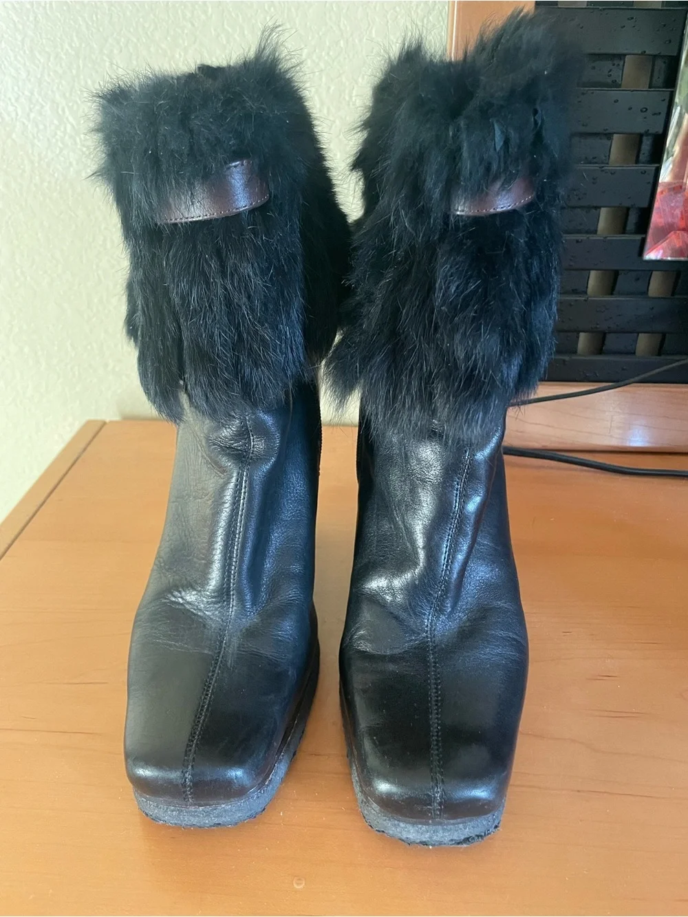Vintage Faux Fur Trim Black Wedge Booties